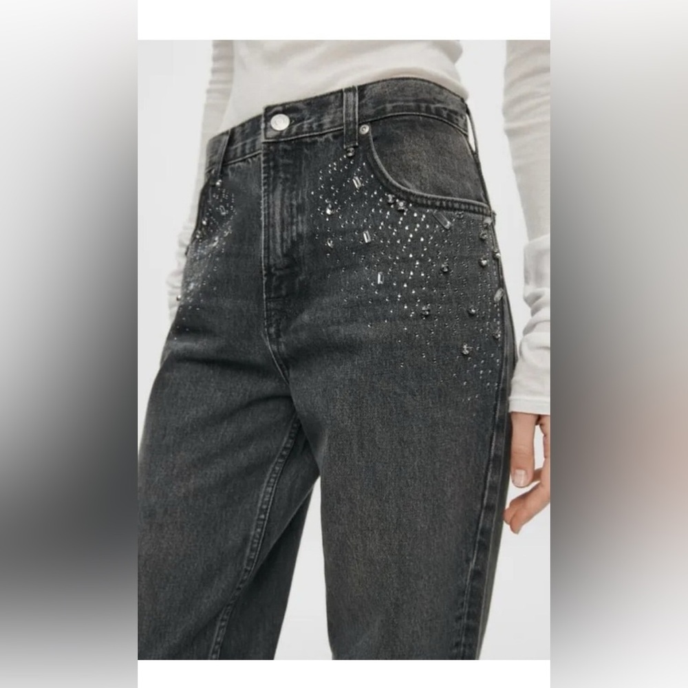ZARA ZW Collection Slim Straight Cut Jewel Jeans Gray 2553/249 Sz 6